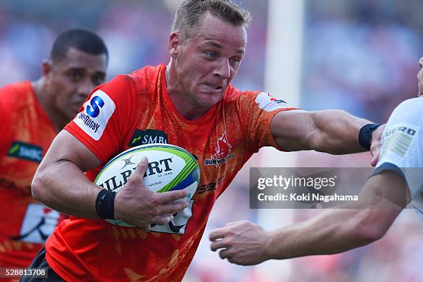 Riaan Viljoen of Sunwolves hands off during the round 11 Super Rugby match between the Sunwolves and the Force at Prince Chichibu Stadium on May 7,...