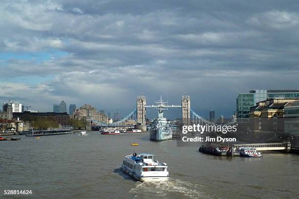 View of Tower Bridge on the River Thames on April 25, 2016 in London, England. The Blitz aerial bombing offensive lasted for eight months during the...