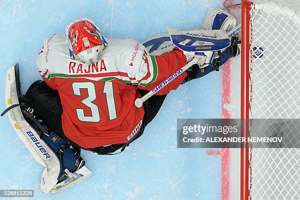 Hungary's goalie Miklos Rajna lets the puck into his net during the group B preliminary round game Slovakia vs Hungary at the 2016 IIHF Ice Hockey...
