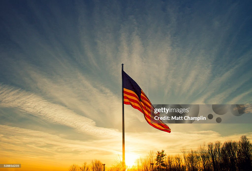 Backlit Flying American Flag