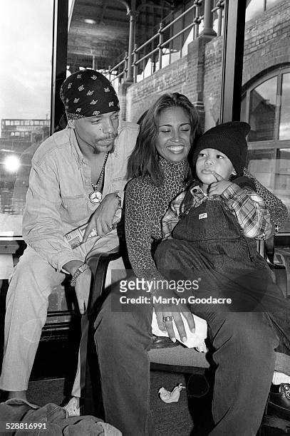 Ice T poses with Darlene Ortiz and son Ice Tracy Marrow, London, United Kingdom, 1993.