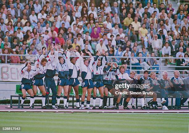 Left to right Steve Hodge,Terry Butcher,Chris Waddle, John Barnes, Paul Gazza Gascoigne, Steve Bull, Chris Woods, Dave Beasant, Stuart Pearce and...