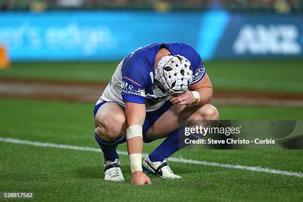 Bulldogs Tim Brown down after another Rabbitohs try during the NRL Grand Final match at ANZ Stadium 2014. Sydney, Australia. Sunday 5th October 2014.