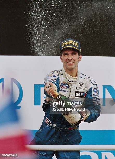 Damon Hill of Great Britain, driver of the Rothmans Williams Renault Williams FW16B Renault V10 after winning the Italian Grand Prix on 11th...