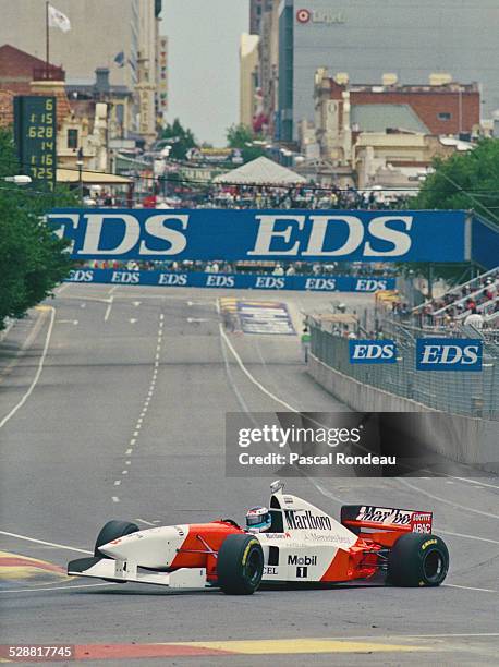 Mika Hakkinen of Finland suffers a left rear puncture leading to a serious accident as he drives the Marlboro McLaren Mercedes McLaren MP4-10...