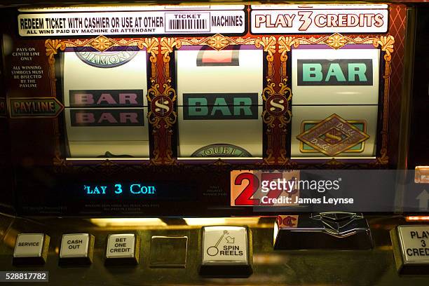 Close up view of a 25 cent Las Vegas slot machine.