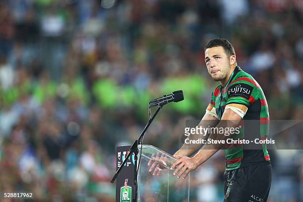 Rabbitohs Sam Burgess receives the Clive Churchill medal after the NRL Grand Final match against the Bulldogs at ANZ Stadium 2014. Sydney, Australia....