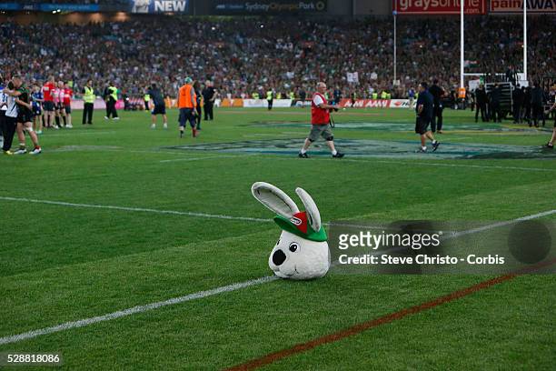 Rabbitohs mascot loses his head after they won the NRL Grand Final 30 to 6 against the Bulldogs at ANZ Stadium 2014. Sydney, Australia. Sunday 5th...