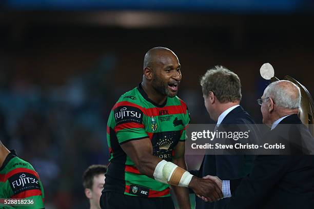 Rabbitohs Lote Tuqiri goes up on stage to collect his premiership ring after beating the Bulldogs 30 to 6 in the NRL Grand Final match at ANZ Stadium...