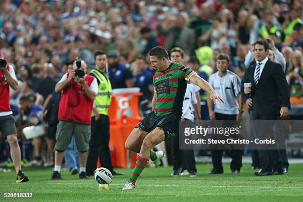 Rabbitohs Sam Burgess has the last kick at goal right on full time during the NRL Grand Final match against the Bulldogs at ANZ Stadium 2014. Sydney,...