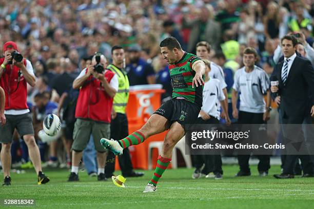 Rabbitohs Sam Burgess has the last kick at goal right on full time during the NRL Grand Final match against the Bulldogs at ANZ Stadium 2014. Sydney,...