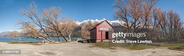 glenorchy boathouse and wharf - lake wakatipu stock pictures, royalty-free photos & images