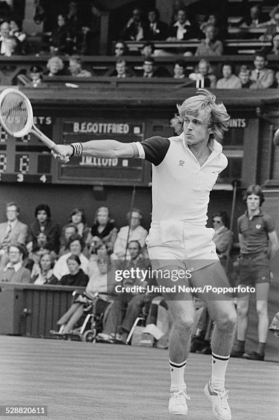 English tennis player John Lloyd pictured in action during his match with Brian Gottfried at Wimbledon Lawn Tennis Championships in London in June...