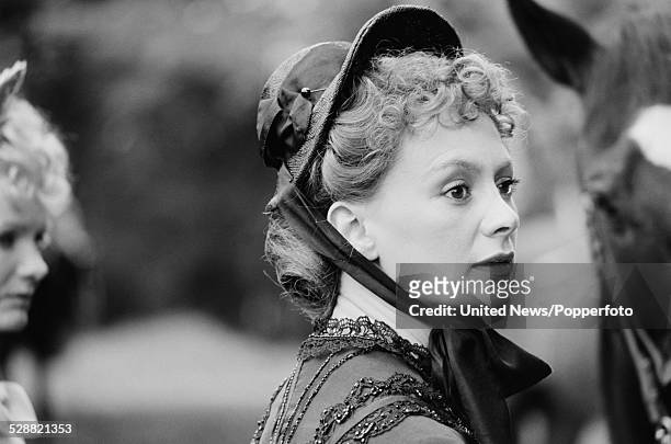 English actress Francesca Annis pictured dressed in character as Lillie Langtry on location during filming of the television drama series Lillie, in...