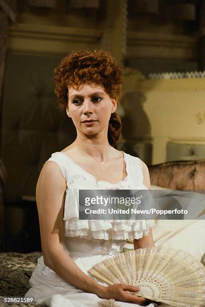 English actress Francesca Annis pictured dressed in character as Lillie Langtry during filming of the television drama series Lillie, in London on...