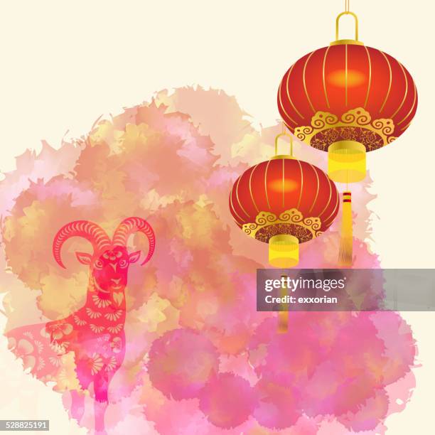 chinese red lanterns with goat in watercolor background - 元宵節 幅插畫檔、美工圖案、卡通及圖標