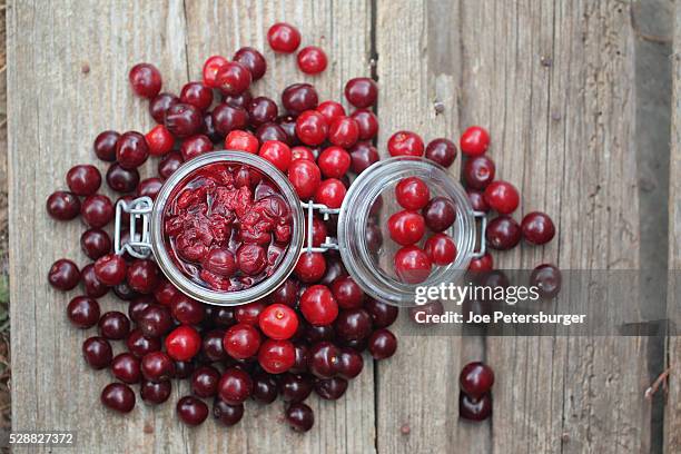 sour cherry chutney in a jar with fresh cherries around. - sauerkirsche stock-fotos und bilder