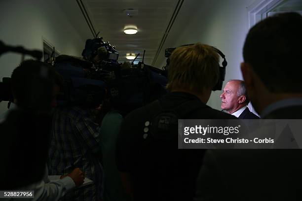 Senator Eric Abetz has a press conference after Tasmanian Senator Jaqui Lambie spoke at her press conference in Parliament House Canberra announcing...