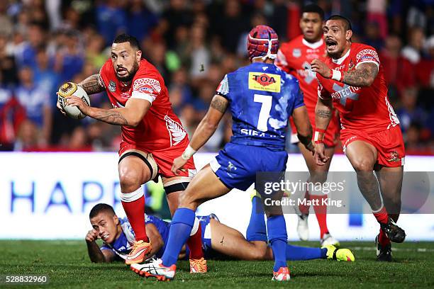 Feleti Mateo of Tonga takes on the defence during the International Rugby League Test match between Tonga and Samoa at Pirtek Stadium on May 7, 2016...