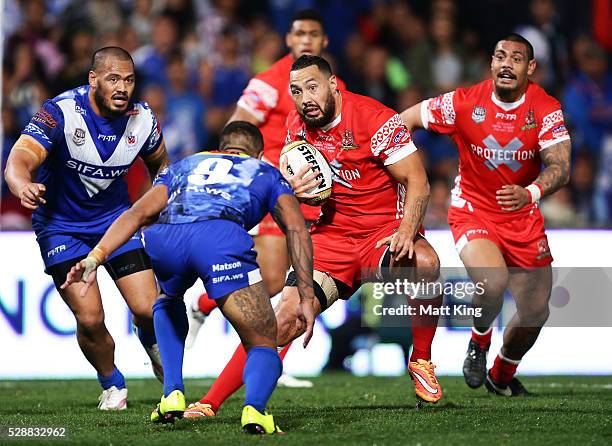 Feleti Mateo of Tonga takes on the defence during the International Rugby League Test match between Tonga and Samoa at Pirtek Stadium on May 7, 2016...