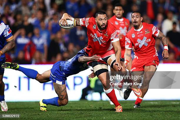 Feleti Mateo of Tonga takes on the defence during the International Rugby League Test match between Tonga and Samoa at Pirtek Stadium on May 7, 2016...