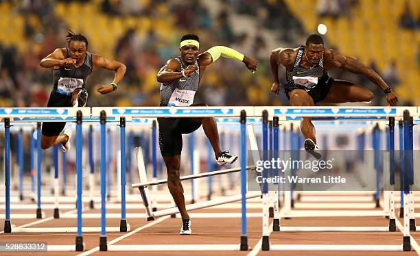 Aries Merritt of the United States, Omar McLeod of Jamaica and David Oliver of the United States compete in the Men's 110 metres Hurdles final during...