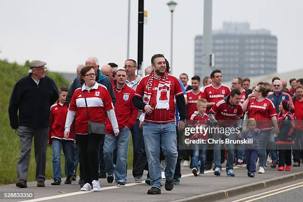 Middlesbrough fans arrive at the stadium ahead of the Sky Bet Championship match between Middlesbrough and Brighton and Hove Albion at the Riverside...