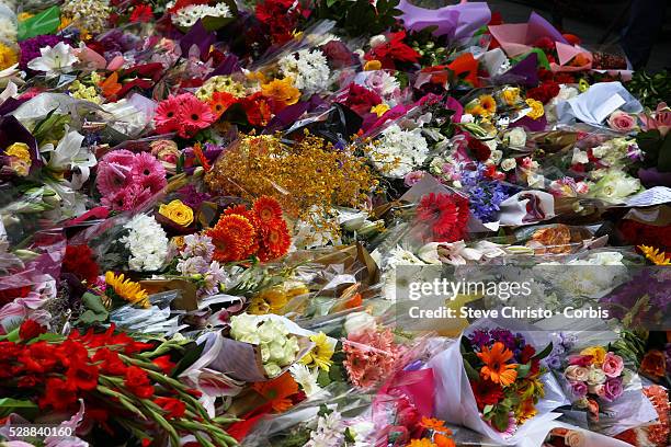 Thousands of flowers lay down by the public in a makeshift memorial at Martin Place after the shootings at the Lindt coffee shop in Sydney's Martin...