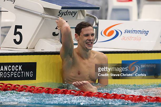 Mitch Larkin and Benjamin Treffers after the Men's 50m Backstroke final during the Hancock Prospecting Australian Swimming Championships at the...