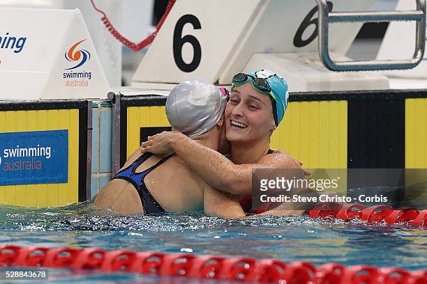 Leiston Pickett hugs Sally Hunter after the Women's 50m Breaststroke final during the Hancock Prospecting Australian Swimming Championships at the...