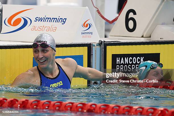 Sally Hunter finishes the Women's 50m Breaststroke final during the Hancock Prospecting Australian Swimming Championships at the Sydney Aquatic...