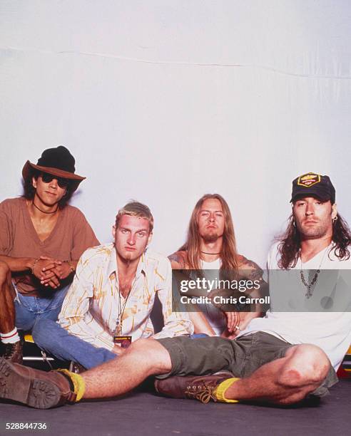 Seattle grunge band Alice in Chains from left to right: Bass guitarist Mike Inez, lead singer Layne Staley, guitarist Jerry Cantrell, and drummer...