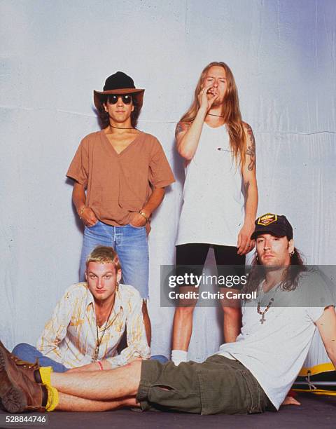 Seattle grunge band Alice in Chains from left to right: Bass guitarist Mike Inez , lead singer Layne Staley, guitarist Jerry Cantrell , and drummer...