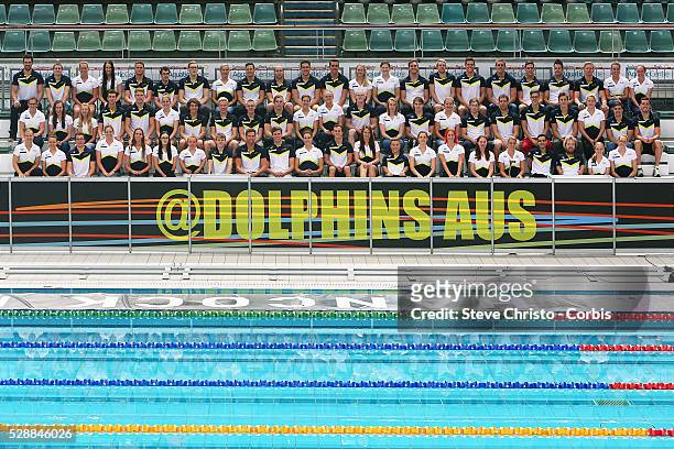 The Australian Dolphins swim team pose for a team picture after the Hancock Prospecting Australian Swimming Championships at the Sydney Aquatic...