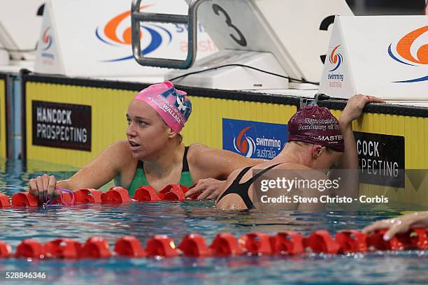 Tessa Wallace hugs Keryn McMaster after combating in the Women's 400m Individual Medley during the Hancock Prospecting Australian Swimming...