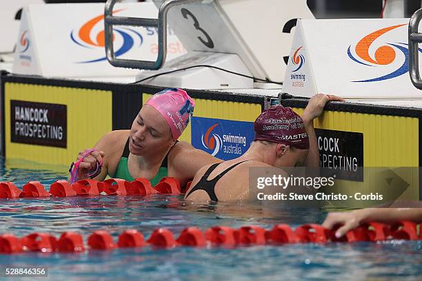 Tessa Wallace hugs Keryn McMaster after combating in the Women's 400m Individual Medley during the Hancock Prospecting Australian Swimming...