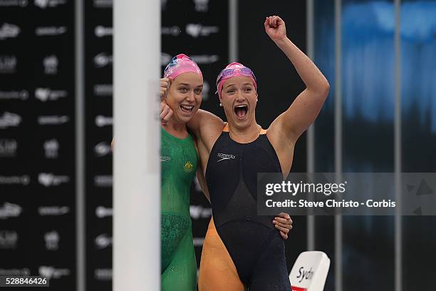Tessa Wallace and teammate Tianni Gilmore celebrate after competing in the Women's 400m Individual Medley during the Hancock Prospecting Australian...