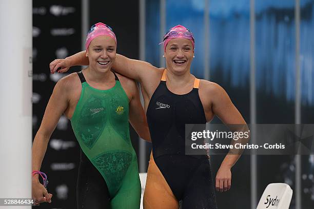 Tessa Wallace and teammate Tianni Gilmore celebrate after competing in the Women's 400m Individual Medley during the Hancock Prospecting Australian...
