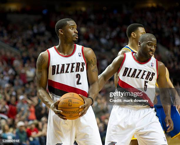 Wesley Matthews and WIll Barton, Portland Trail Blazers, in a game versus the Golden State Warriors. The Trail Blazers won 90 to 87.