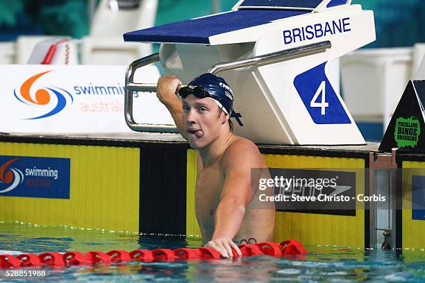 Men's 200m IM final winner Daniel Tranter at the Brisbane Aquatic Centre. Brisbane, Australia. Sunday 6th April 2014.
