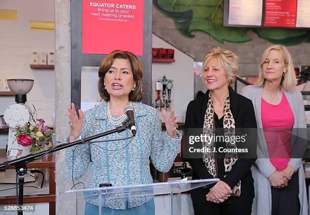 Administrator of the U.S. Small Business Administration Maria Contreras-Sweet speaks during a reception at Equator Coffees and Teas on the final day...