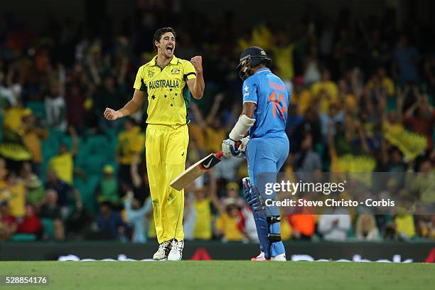 Australia's Mitchell Starc celebrates the last wicket of India's Umesh Yadav to take Australia to the final at the Sydney Cricket Ground , Australia....