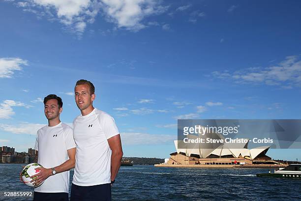 Ryan Mason and Harry Kane of Tottenham pose during a Tottenham Hotspur Official Arrival Media Conference at Overseas Passenger Terminal Overseas...