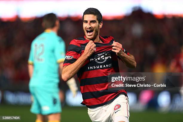 Wanderers Iacopo La Rocca celebrates his goal against the Mariners and seal his teams place in the A-League grand final at Parramatta Stadium....