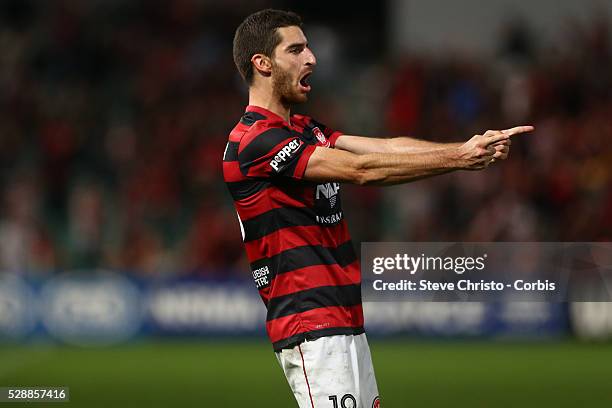 Wanderers Iacopo La Rocca celebrates his goal against the Mariners and seal his teams place in the A-League grand final at Parramatta Stadium....