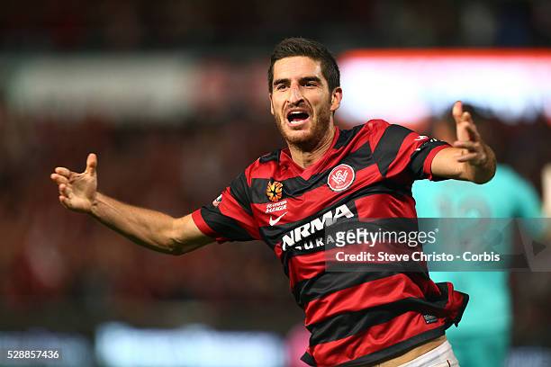 Wanderers Iacopo La Rocca celebrates his goal against the Mariners and seal his teams place in the A-League grand final at Parramatta Stadium....