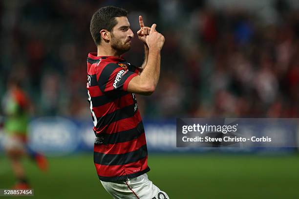 Wanderers Iacopo La Rocca celebrates his goal against the Mariners and seal his teams place in the A-League grand final at Parramatta Stadium....