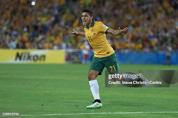 Australia's Massimo Luongo celebrates scoring his countries first goal in the match against Korea Republic at Stadium Australia. Sydney Australia....