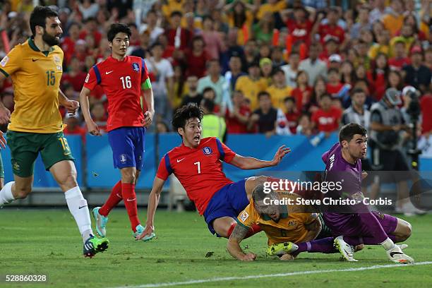 Son Heung Min from Korea Republic puts the ball passed Australia's Matthew Spiranovic and goalkeeper Mathew Ryan to score at Stadium Australia....