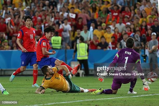 Son Heung Min from Korea Republic puts the ball passed Australia's Matthew Spiranovic and goalkeeper Mathew Ryan to score at Stadium Australia....